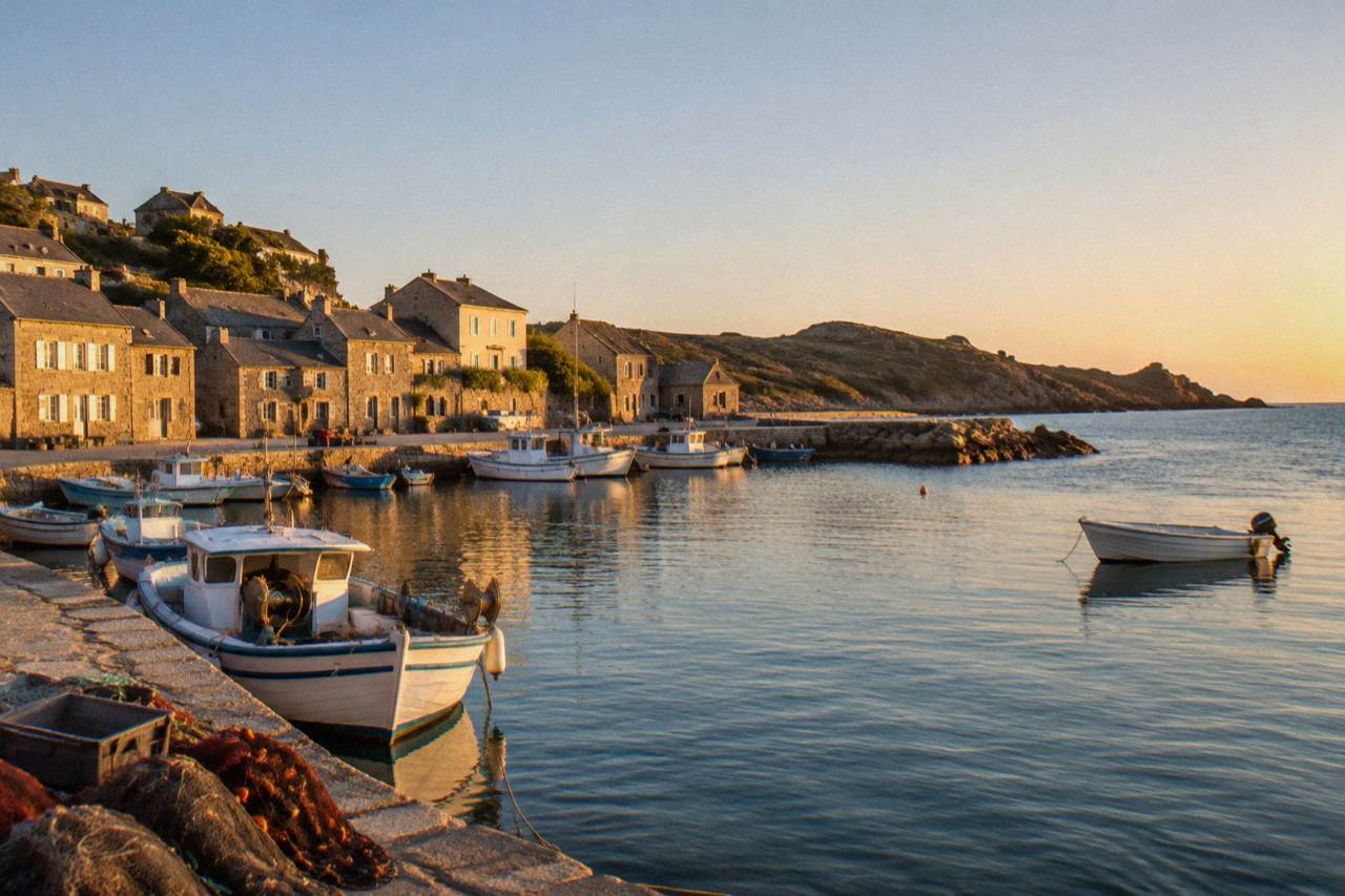 Small stone harbour with fishing boats moored along a quiet quay at Centuri on Cap Corse