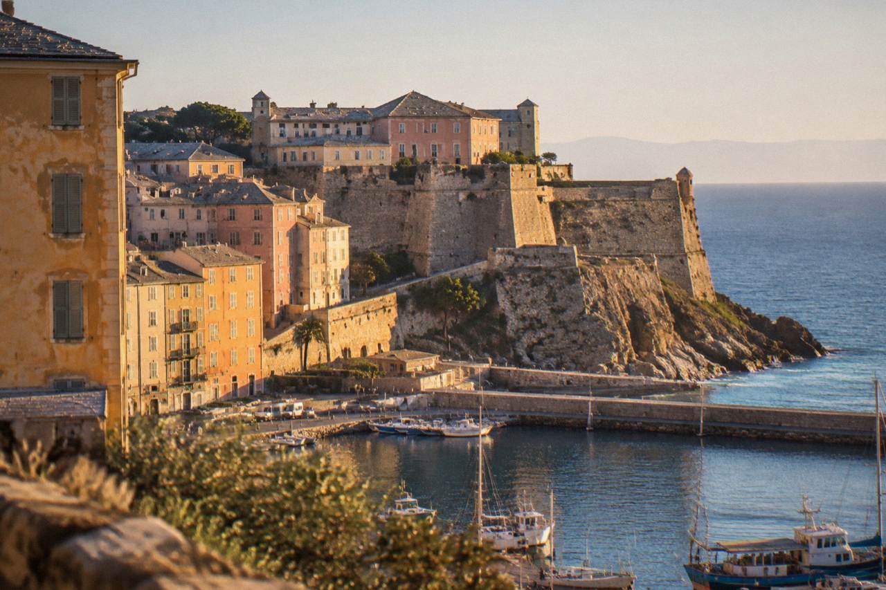 Stone ramparts of the Bastia citadel rising above the old harbour with the sea behind