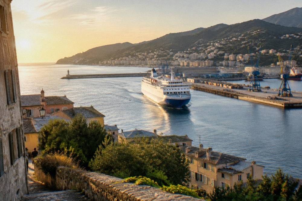 Ferry ship arriving at the port of Bastia seen from the upper town
