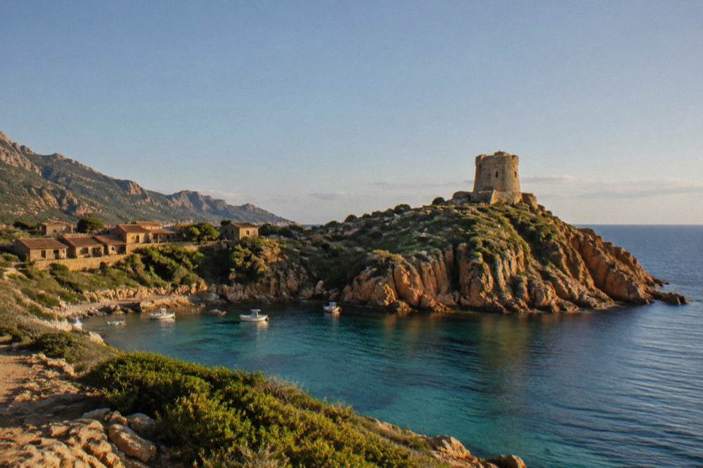 A stone fortress tower on a Corsican headland above the sea