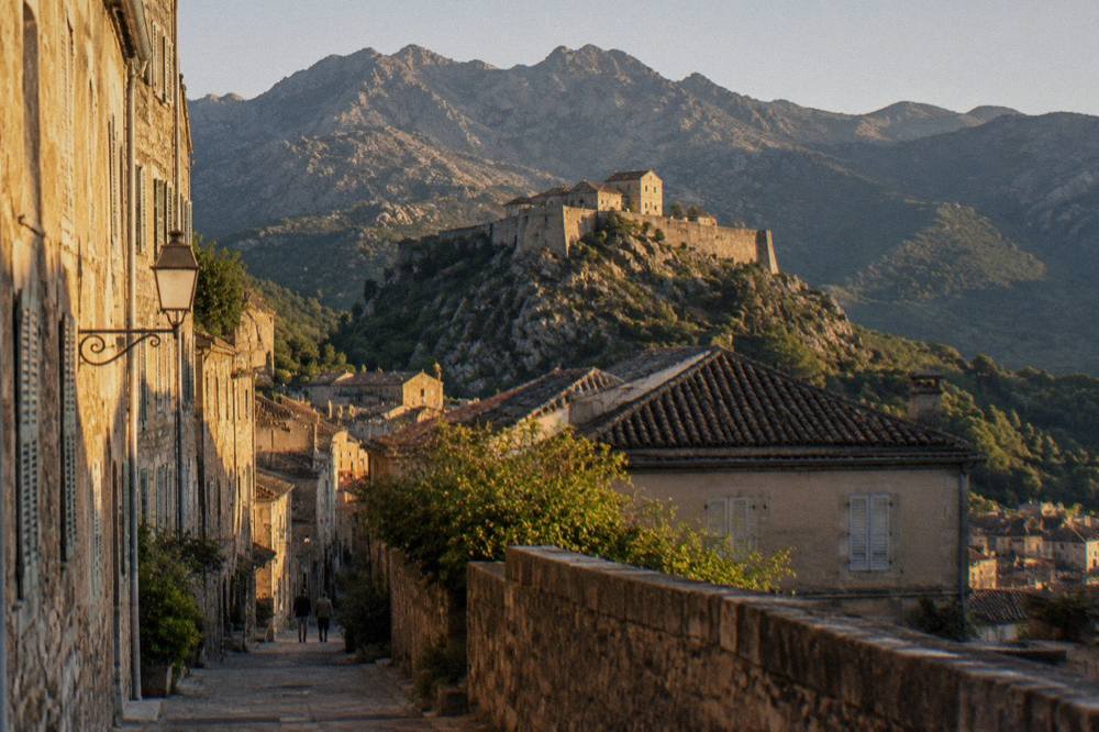 Narrow stone streets in the old town of Corte below the citadel