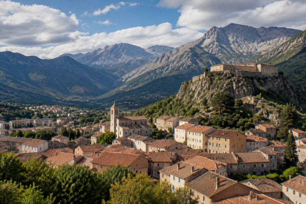 A panoramic view over the red roofs of Corte and the surrounding mountains