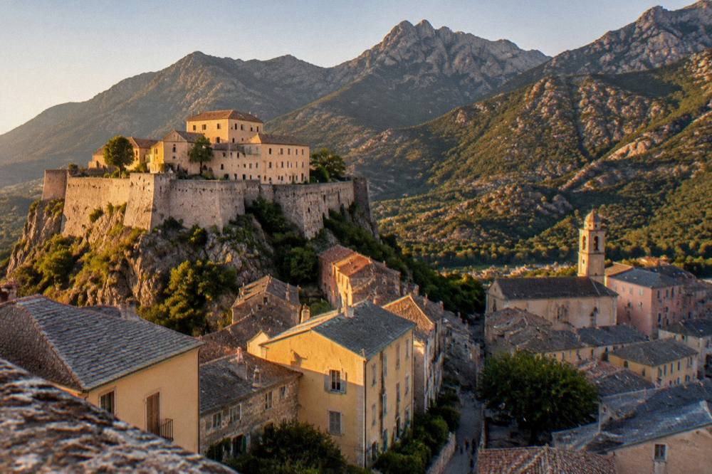 The walled upper town of Corte with mountains behind at golden hour