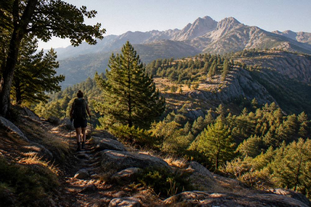 A hiker with a backpack on a rocky path above a Corsican forest