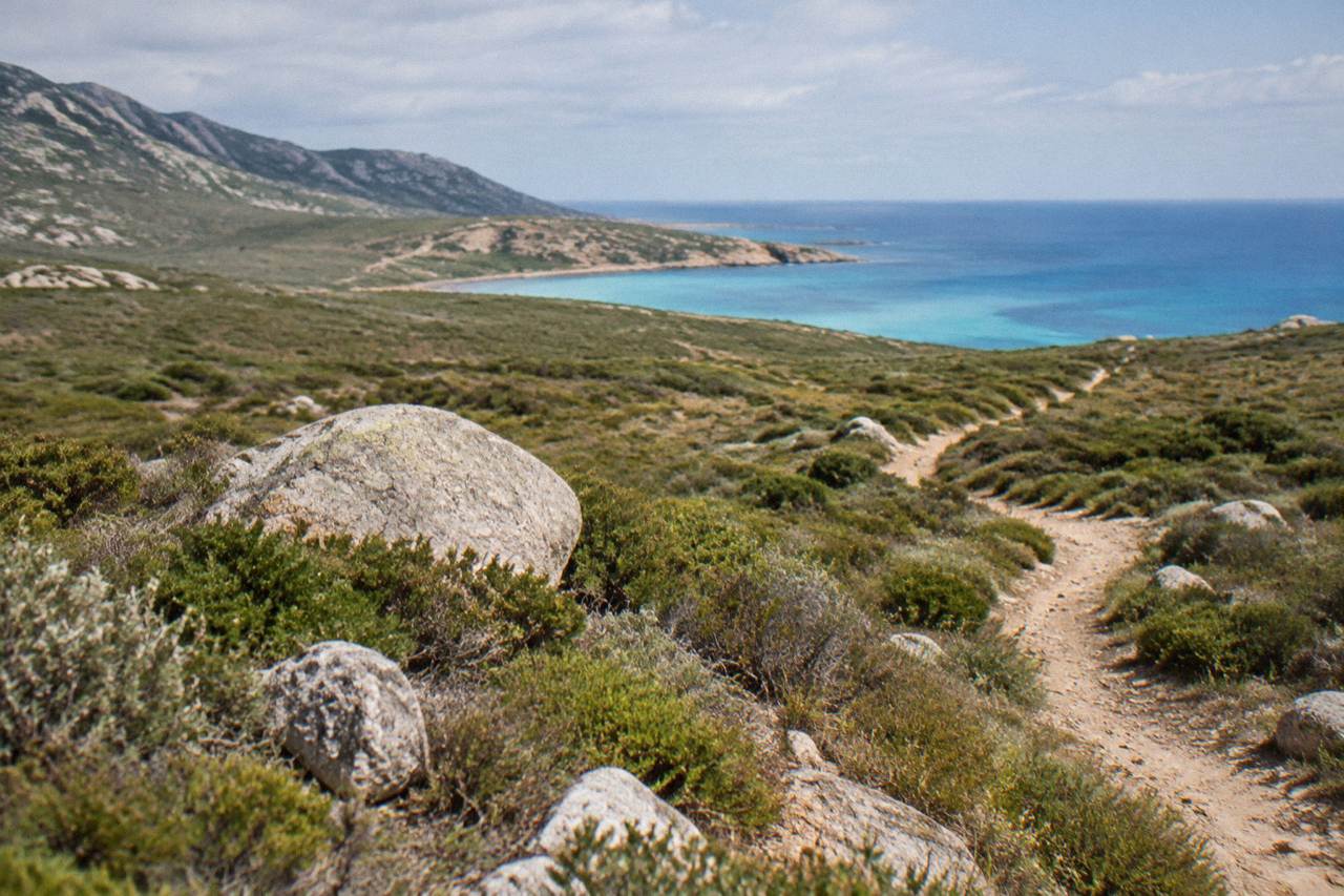 A wide empty stretch of maquis scrubland running down to a calm turquoise sea in the Désert des Agriates