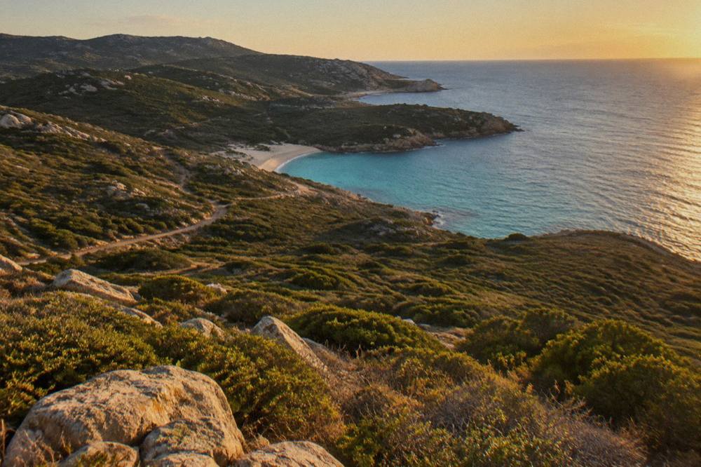 Low green maquis hills with a sandy cove and clear water beyond them