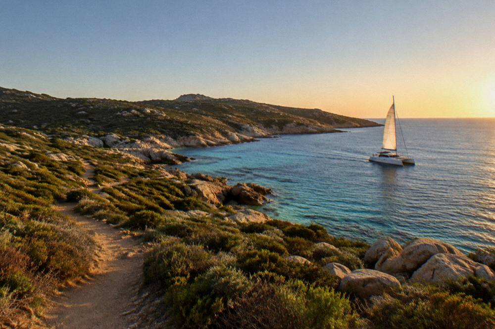 A catamaran under sail along a rocky coastline with clear water below