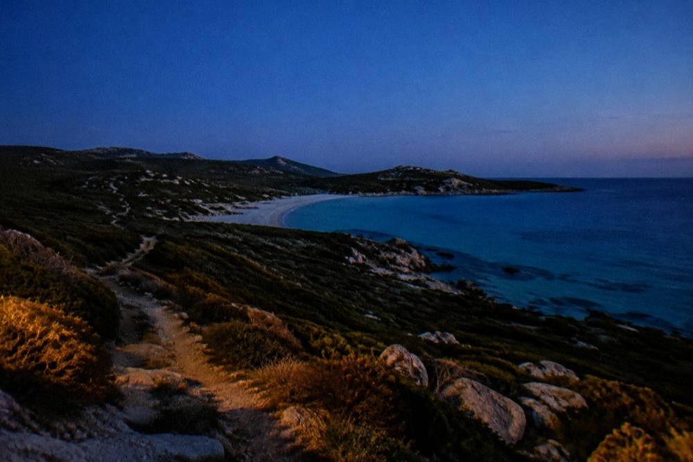 An empty sandy shoreline curving between scrub-covered headlands at dusk