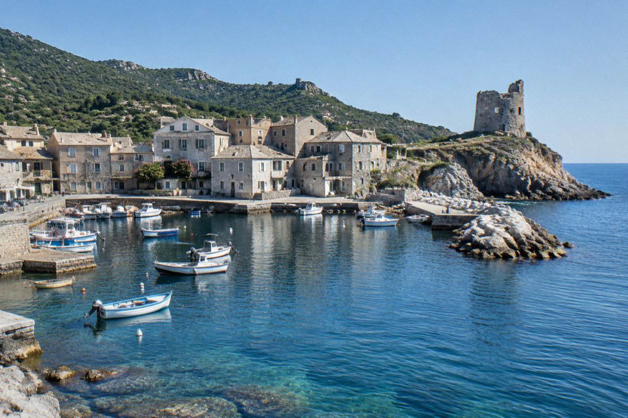 A small Corsican coastal village with stone houses beside a narrow sea road under a bright sky