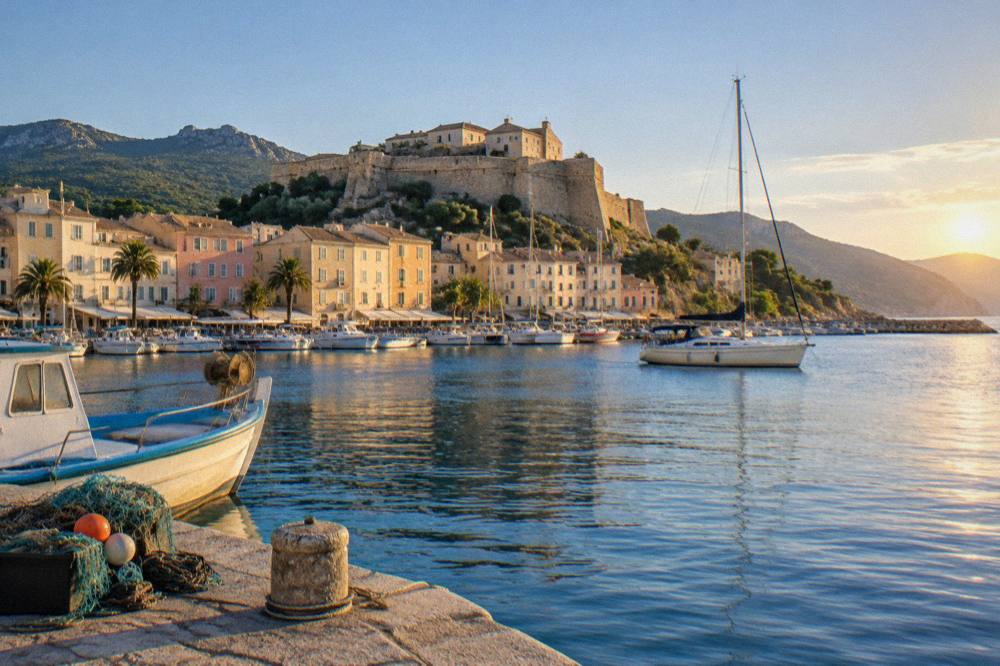 A sailing boat and a stone citadel above a harbour at sunset on the Corsican coast