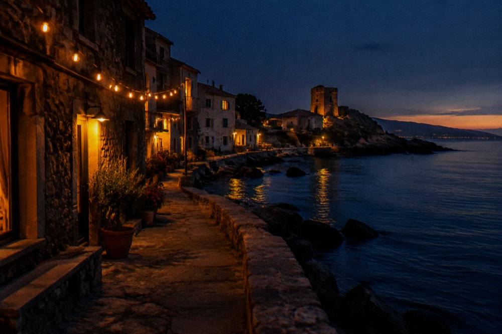 A calm sea horizon at dusk with warm light over low coastal hills