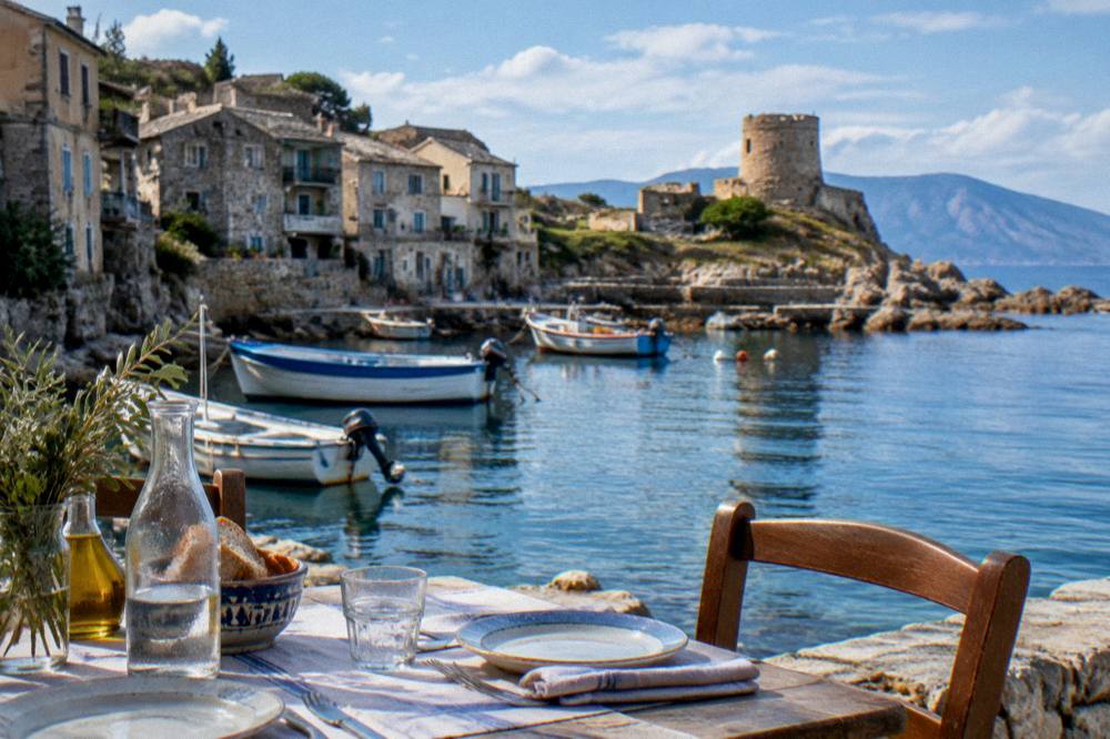 A table set for a meal beside the water in a small Mediterranean harbour village