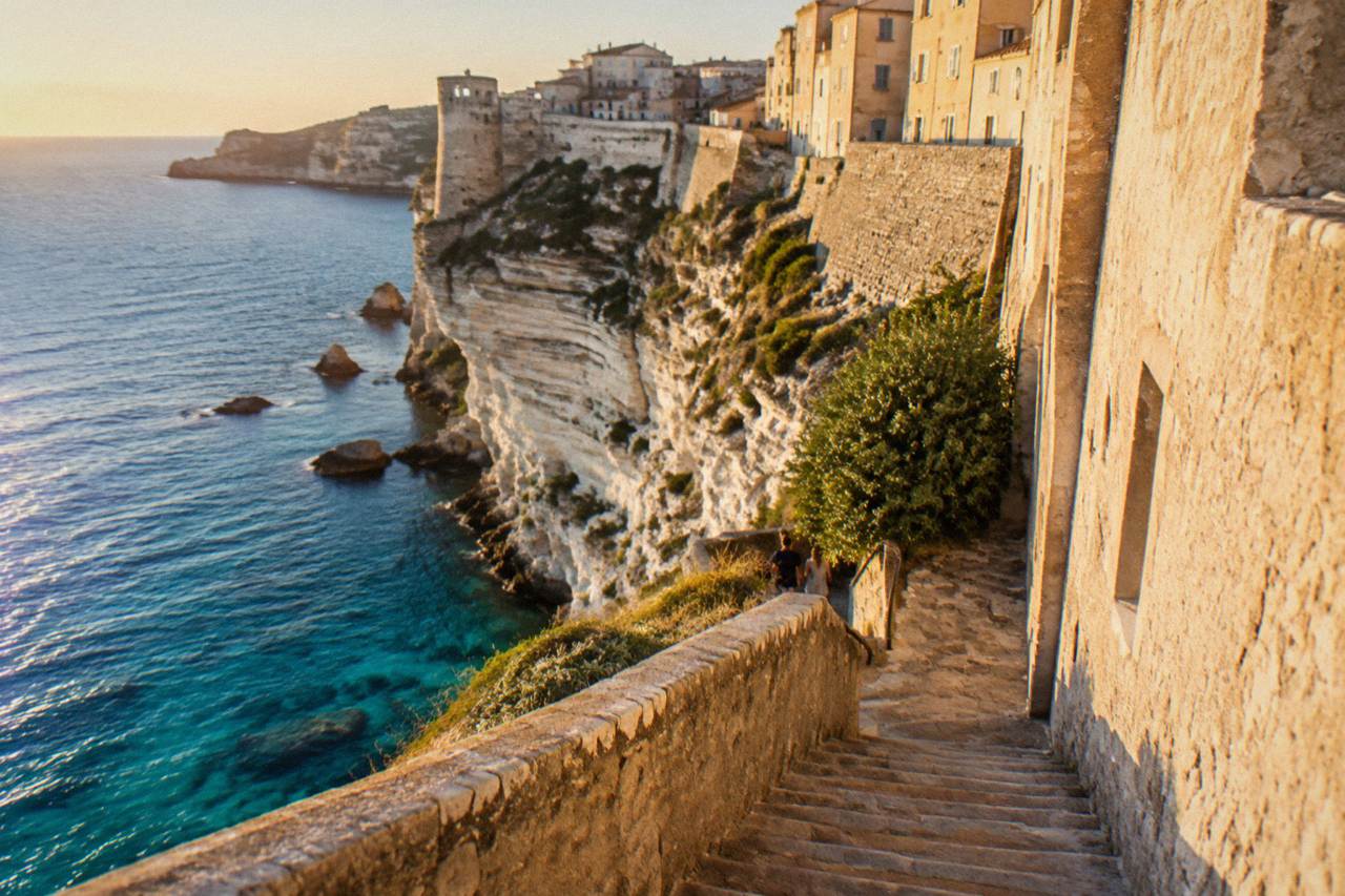 A narrow stone staircase cut into a white limestone cliff above the sea