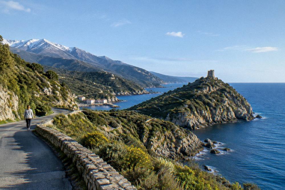Spring light over green maquis and stone outcrops in the Corsican hills