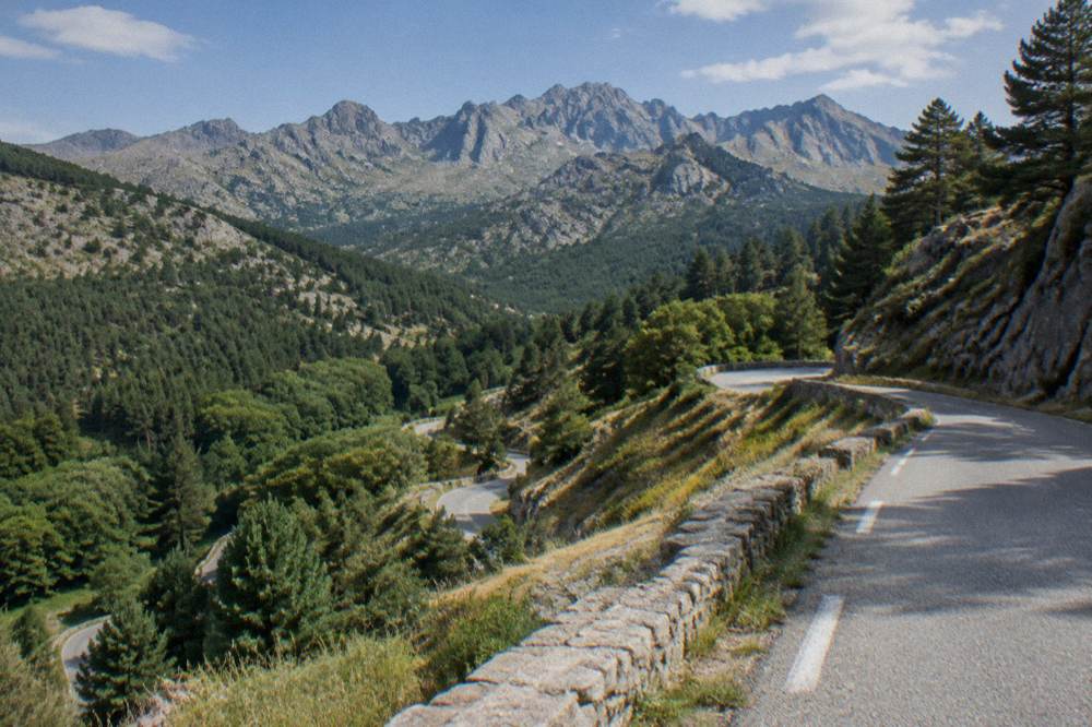 A narrow mountain road with hairpin bends climbing through Corsican forest