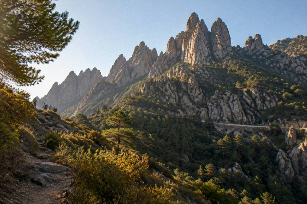 Granite rock formations and green woodland above a deep valley in Corsica
