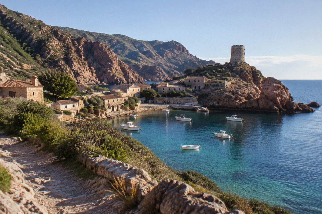 A small coastal hamlet of low stone houses above a narrow inlet with boats at anchor and red rock slopes behind