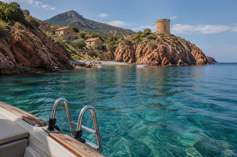 Turquoise water in a rocky cove with a swim ladder over the side of a small boat