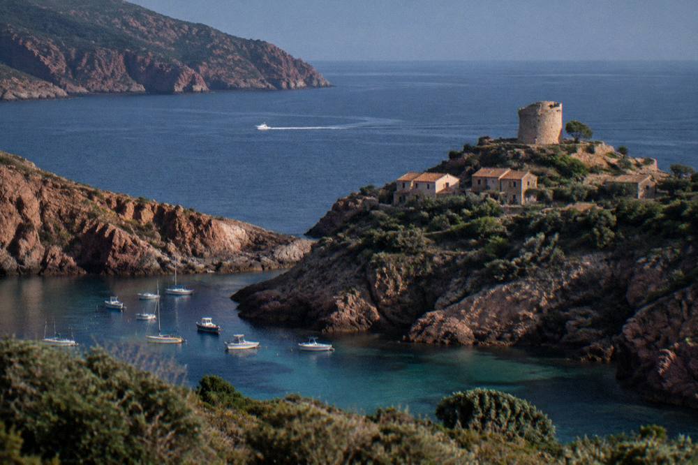 Afternoon light on a calm sea between rocky shores with a distant boat wake