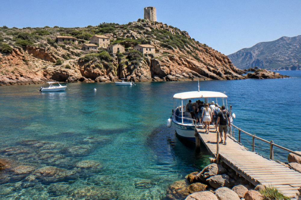Passengers boarding a small boat at a wooden pontoon in a rocky bay