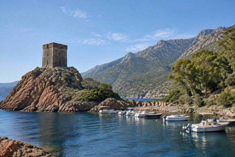 A line of small excursion boats moored in a rocky cove