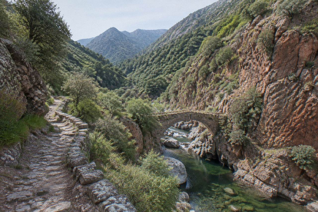 An old stone footbridge over a river in a deep wooded granite gorge