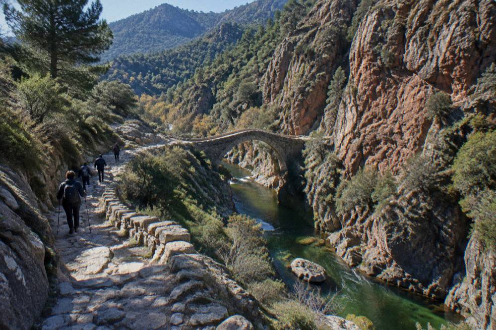 Hikers walking a stony path through high mountain country