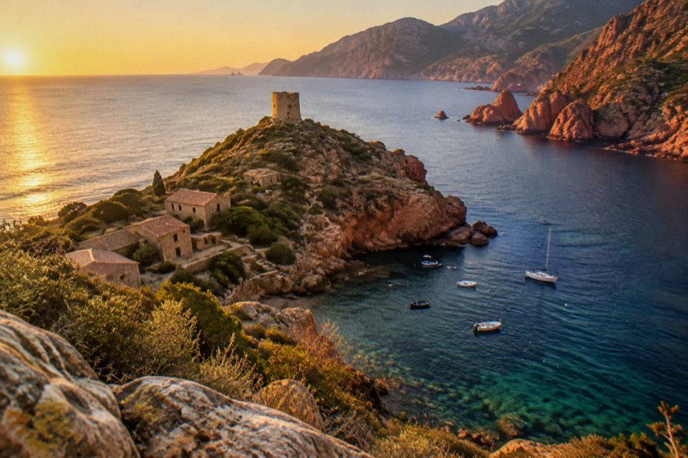 Sunset light on red rock formations along a coastline