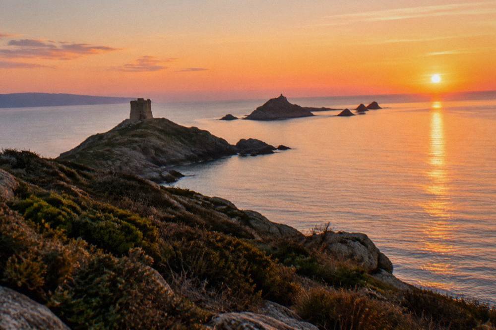 Low rocky islets and a Genoese watchtower silhouetted against an orange sunset over calm sea