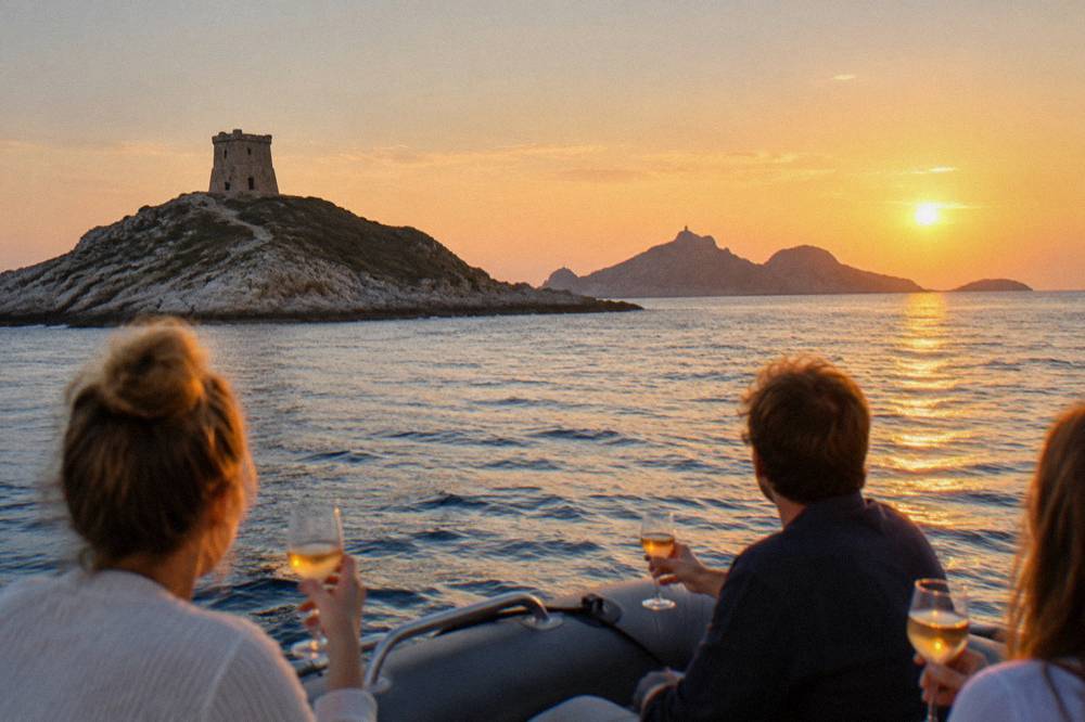 People on a small boat holding glasses as the sun sets behind rocky islands