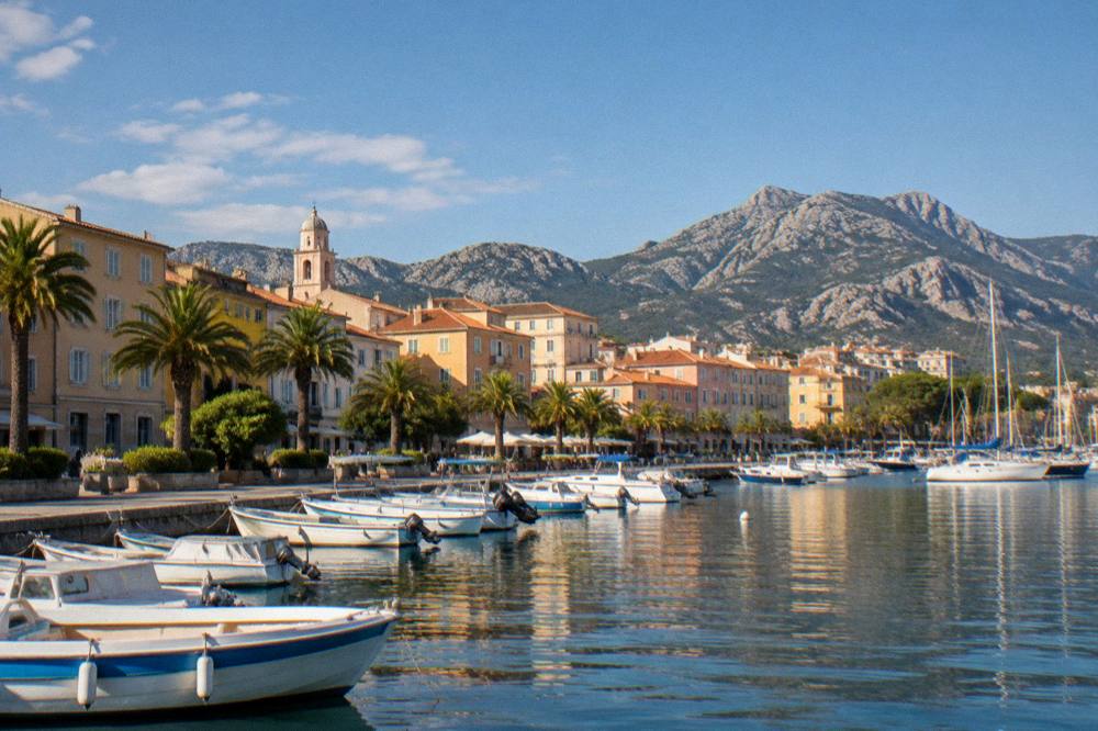 A harbour front with palm trees and moored boats in Ajaccio in morning light