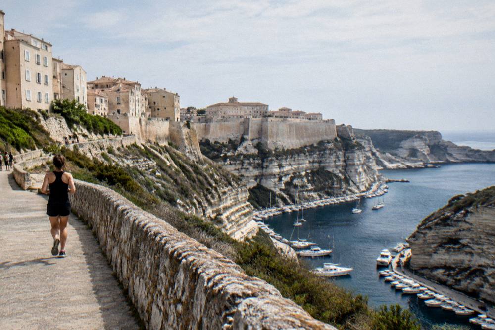The limestone cliffs and citadel of Bonifacio rising above the sea at the southern tip of Corsica