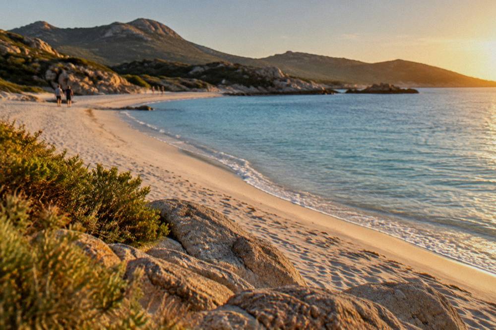 Golden late afternoon light over calm sea and an empty curve of sand