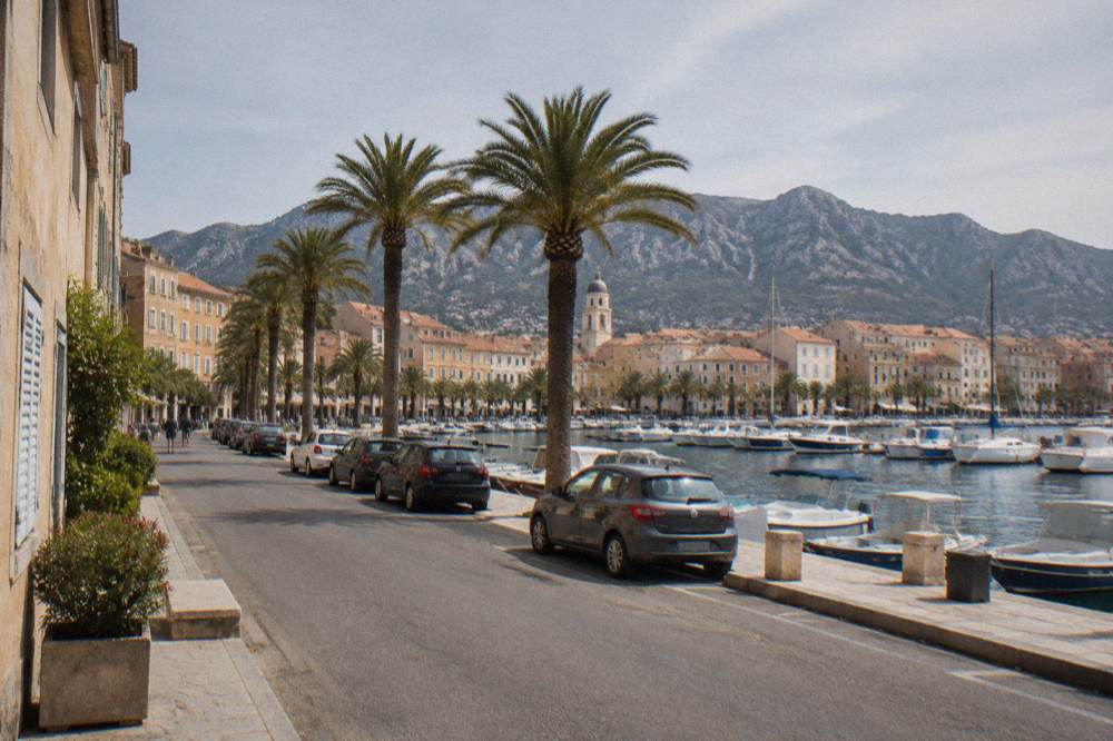 A harbour street in Ajaccio with parked cars, palm trees and moored boats