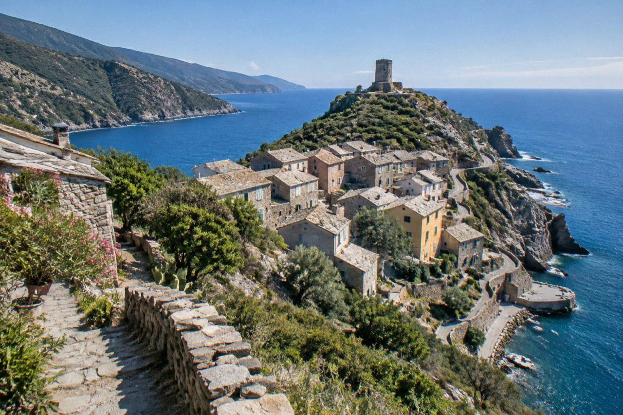 A stone village built along a clifftop above the Mediterranean on the Cap Corse coast