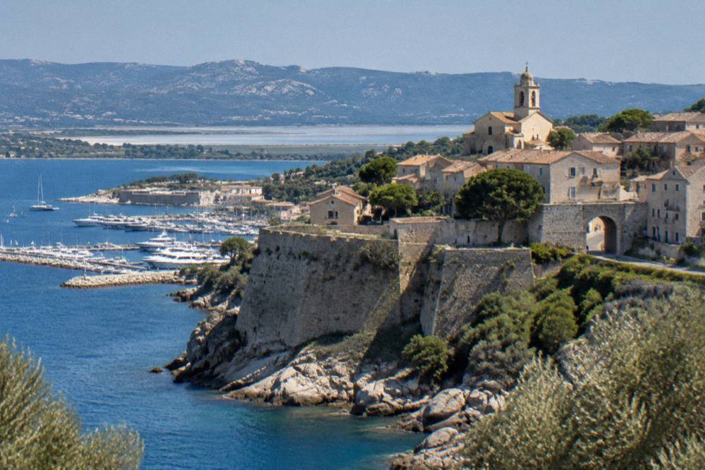 A small stone church and village rooftops above a rocky shoreline in northern Corsica