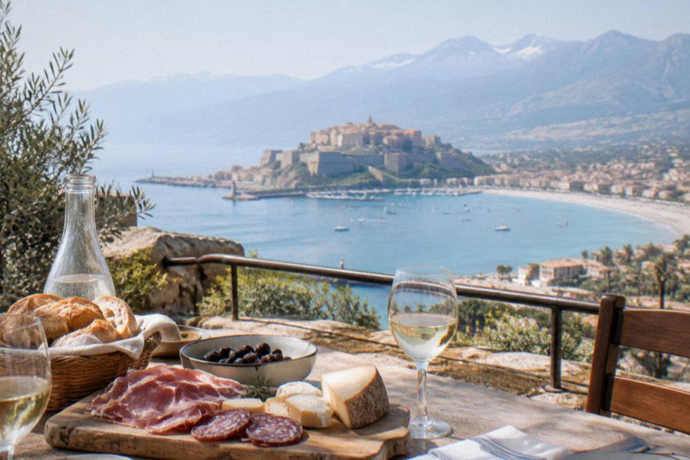 A table with Corsican cheese, charcuterie and bread on a terrace overlooking the sea