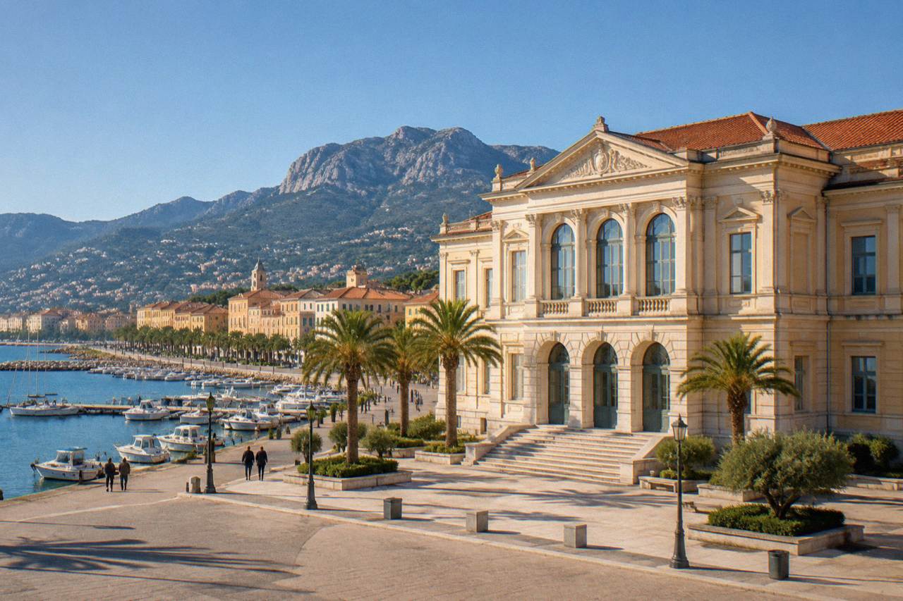 Grand neoclassical museum building with a pale facade and a quiet courtyard in afternoon light