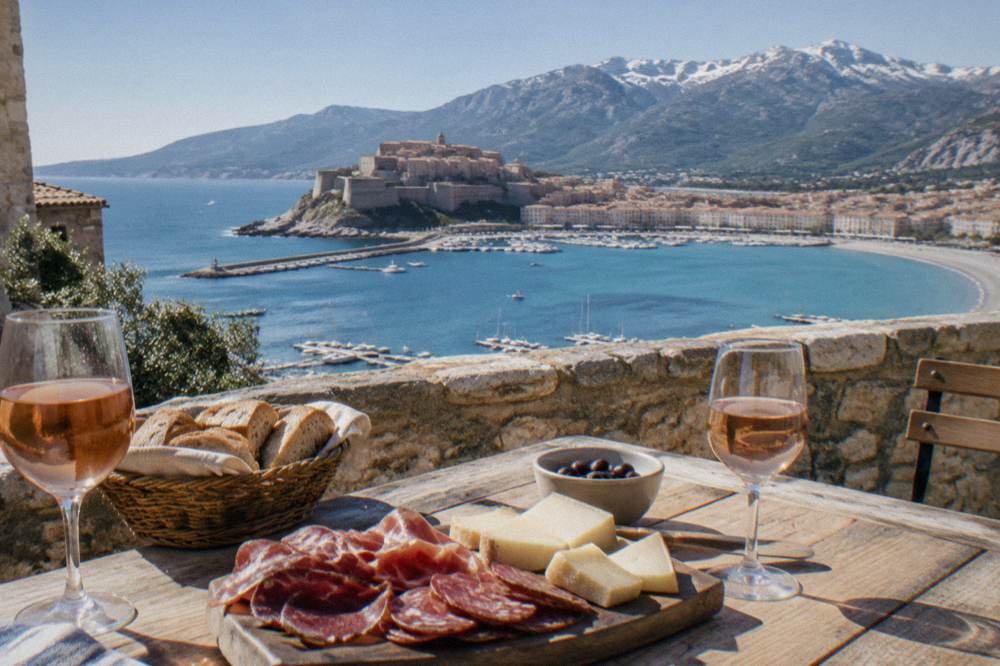 A table set with Corsican charcuterie, cheese and bread