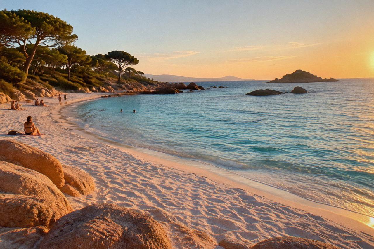 Palombaggia beach near Porto-Vecchio with turquoise water and rocky islets offshore