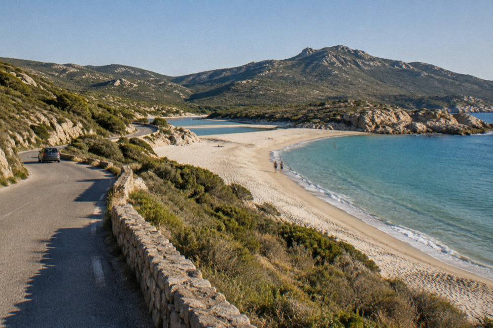 A narrow coastal road winding between maquis covered hills and the sea