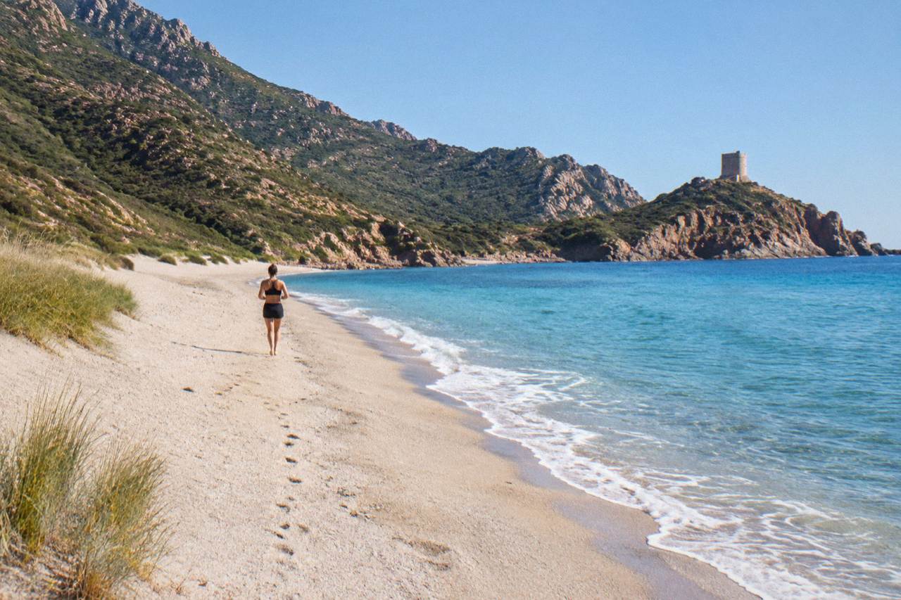 A curved sandy bay below a granite ridge with a lion-shaped rock