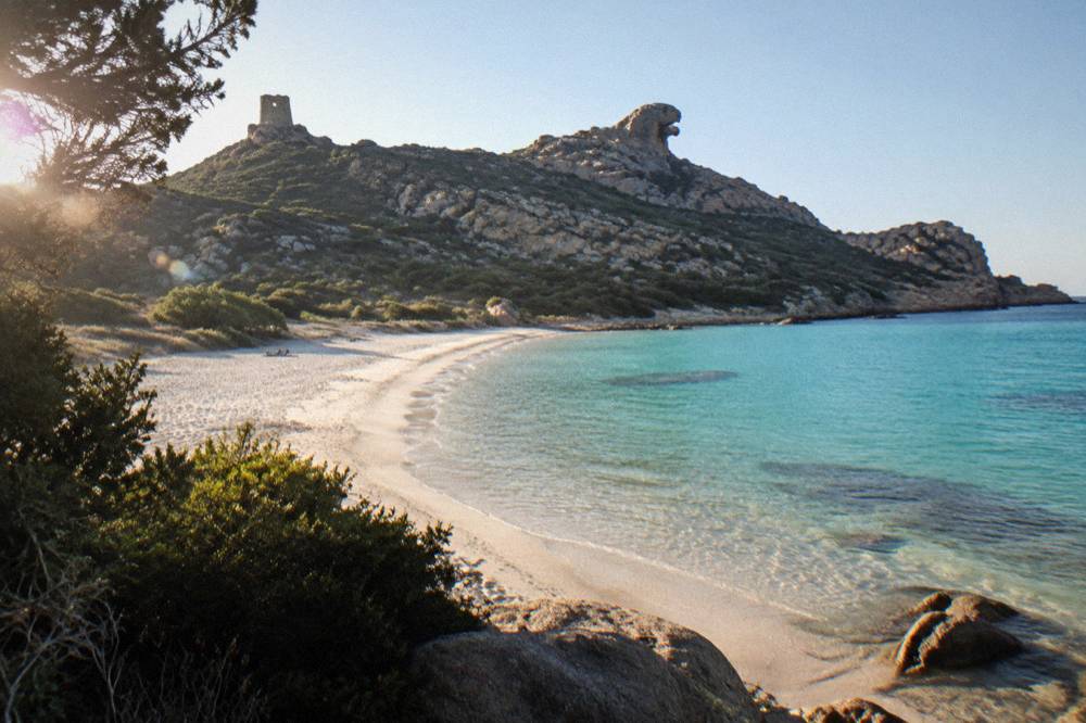 A quiet stretch of sand and shallow clear water along the southern Corsican coastline in morning light
