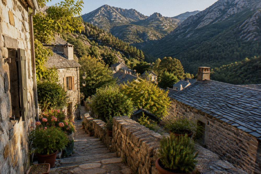 Narrow lane between old granite walls with steps and potted plants in a Corsican town