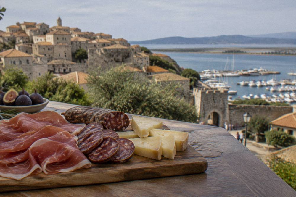 Cured pork slices, cheese and figatellu sausage arranged on a wooden board
