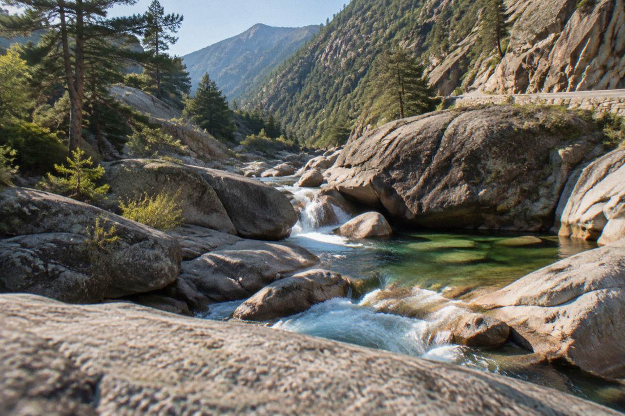 A narrow mountain valley with a river running between granite slopes and pine trees