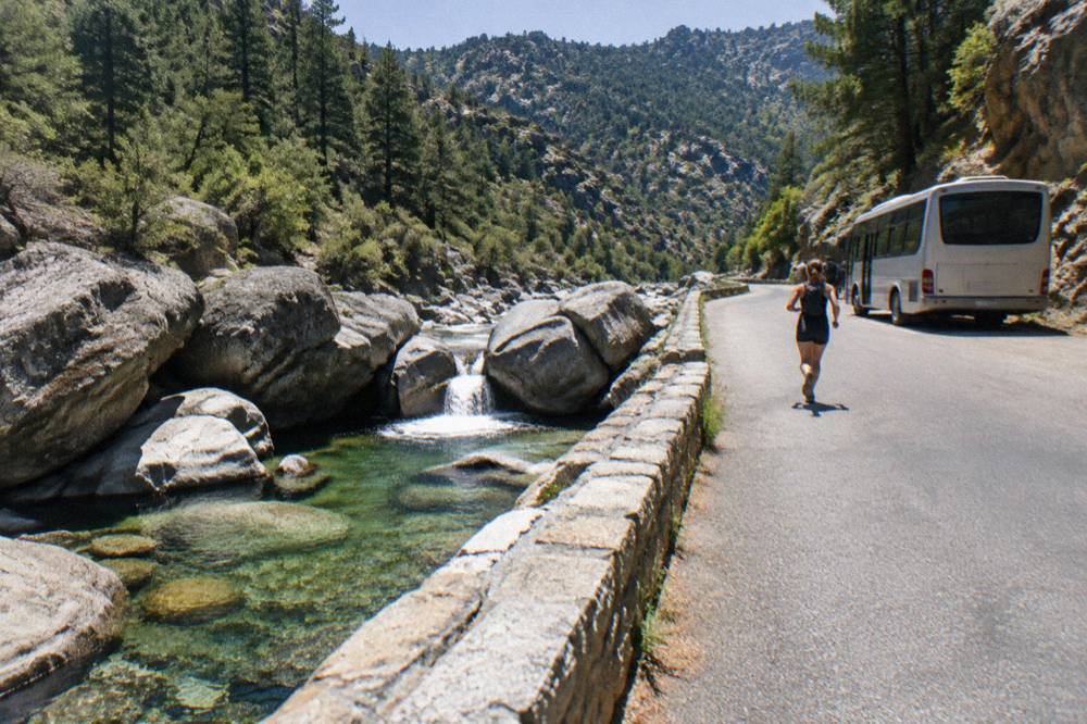 A trail climbing beside a stream through pine forest toward a glacial lake