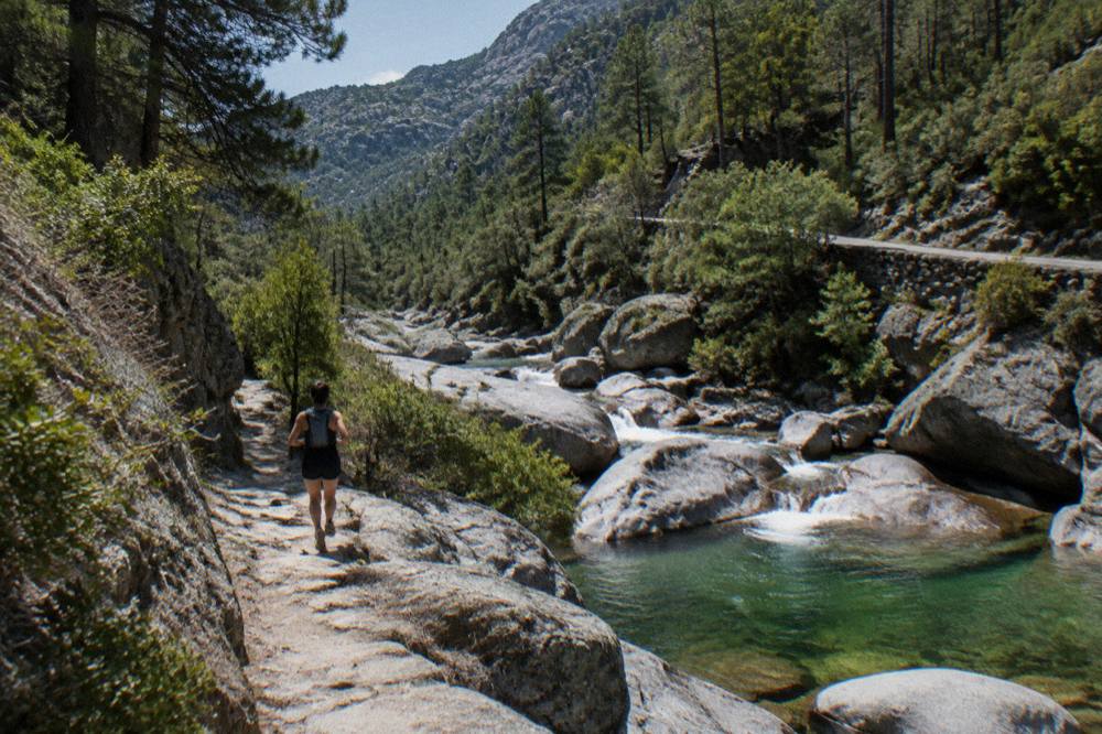 A mountain stream pouring over smooth granite rocks in a forest