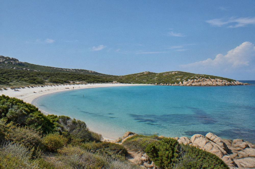 A wide sandy beach backed by dunes and maquis with no buildings in sight