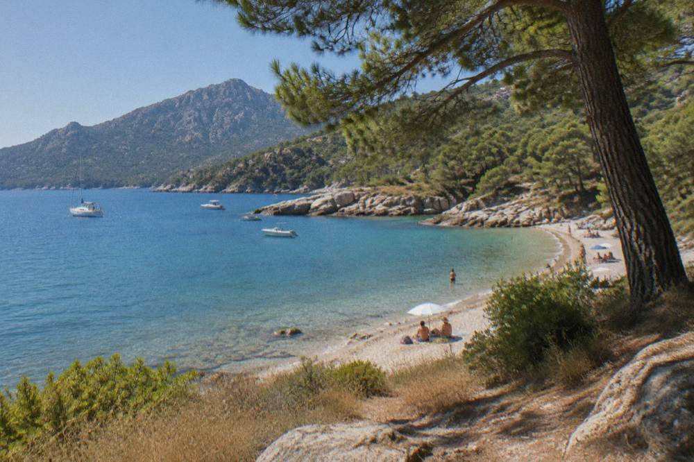 A summer beach scene on a Corsican gulf with boats offshore and pine cover inland.